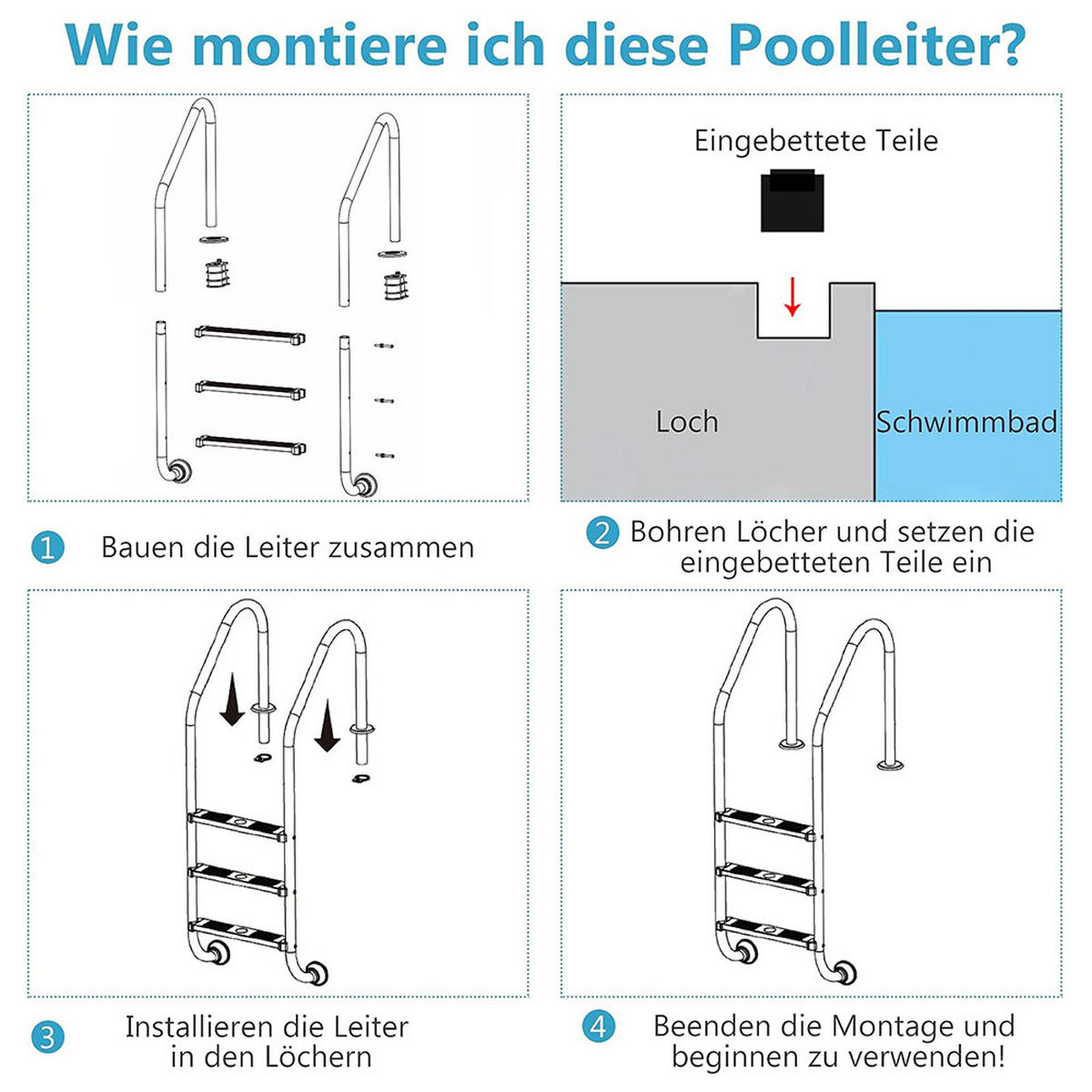 POOLLEITER aus Edelstahl silber - Silberfarben, Metall (53/147/23cm) - COSTWAY