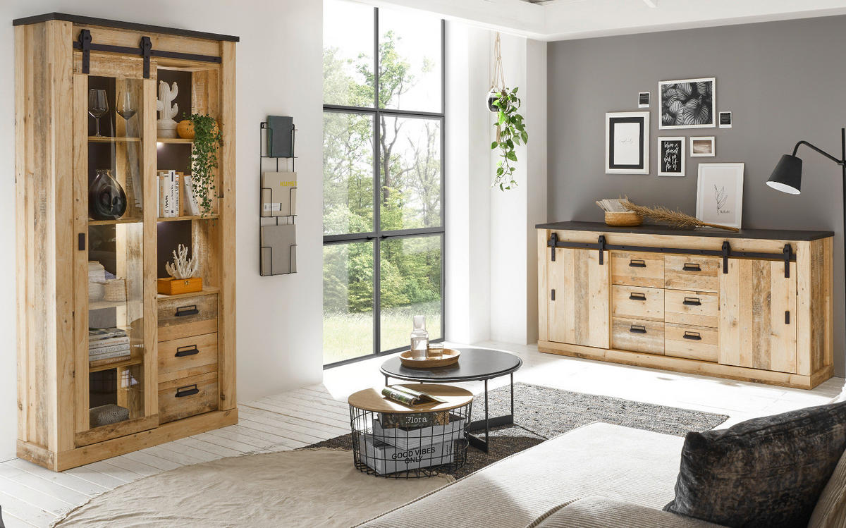 ESSZIMMER-SET Esszimmer Set, Used Wood hell, anthrazit, Wohnkombination 2-teilig mit Vitrine Sideboard - Eichefarben/Anthrazit, Holzwerkstoff/Metall (314/201/43cm) - Furn.Design