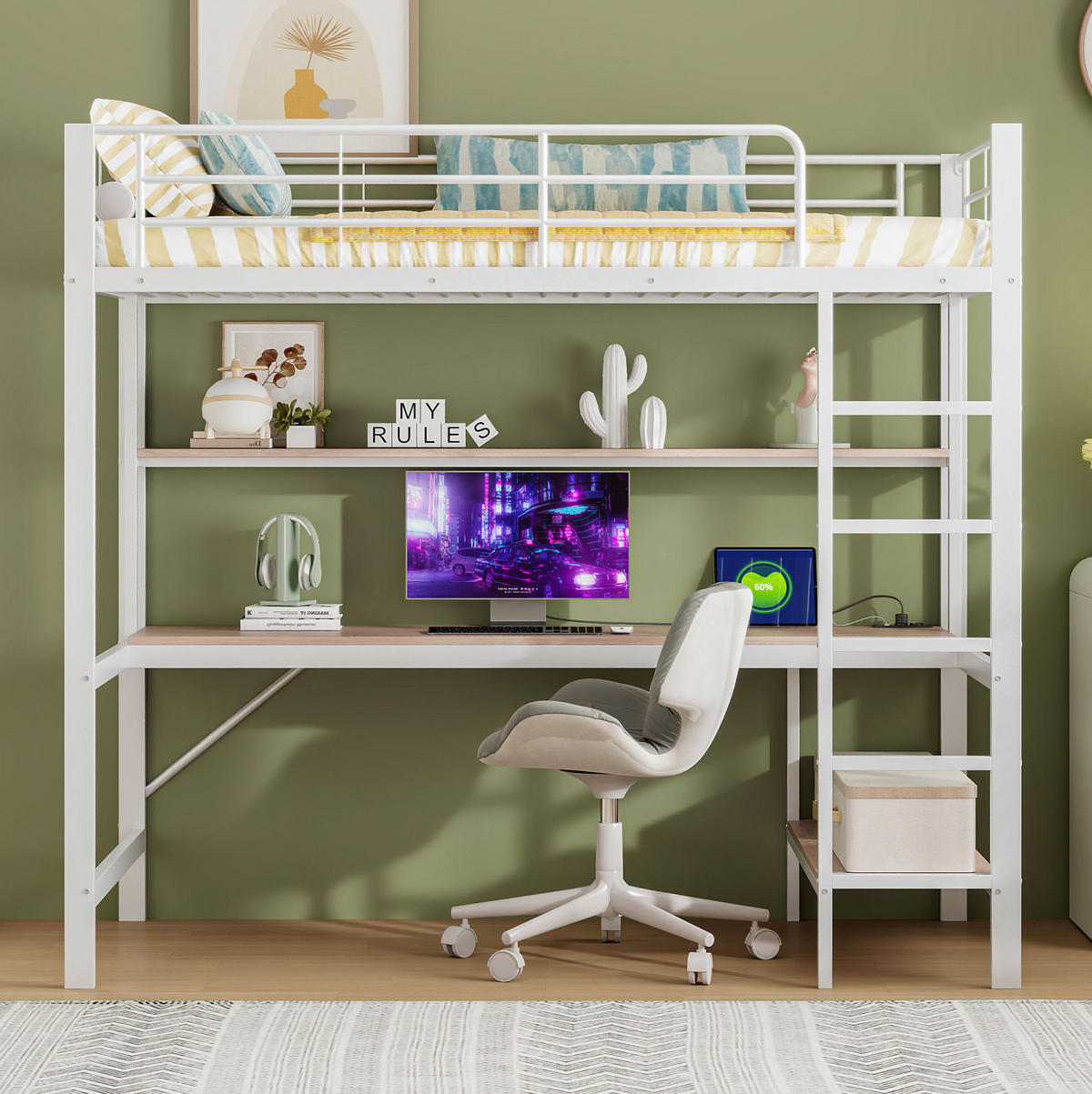 HOCHBETT 90/200 cm Weiß aus Metall mit Schreibtisch - Weiß, Metall (90/200cm) - OKMYHOME