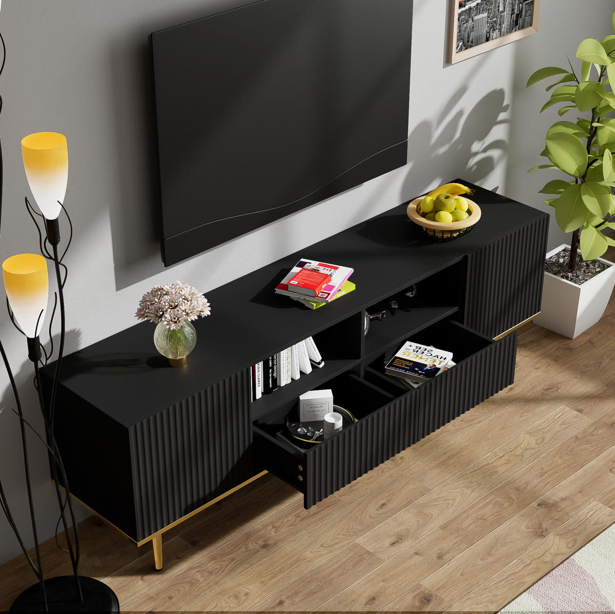 TV stolek 165/36/55 cm s úložným prostorem, zlatými detaily a bezúchytkovým otevíráním, Černá - černá, kompozitní dřevo (165/55/36cm) - Redom