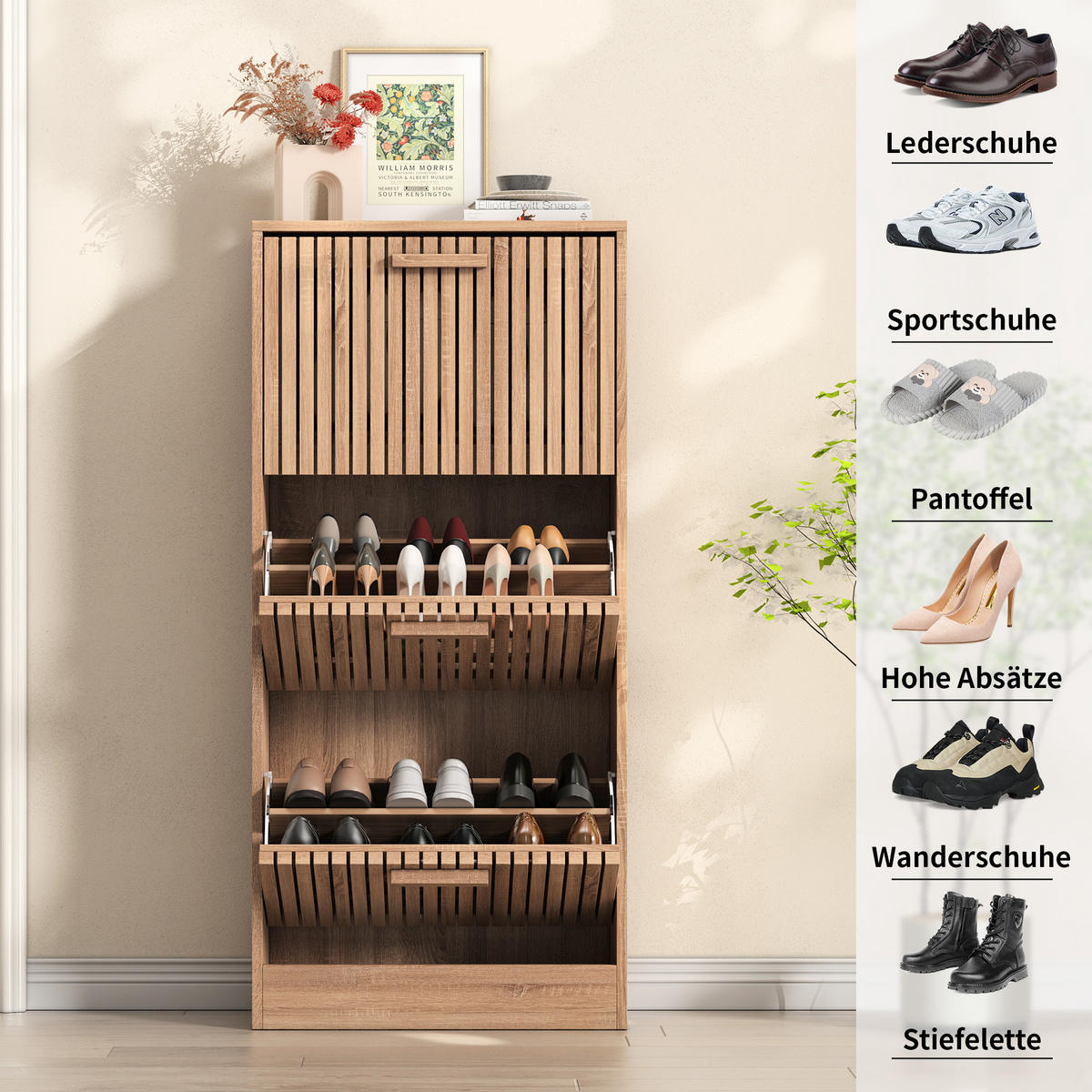 RATTAN-SCHUHSCHRANK mit 3 Türen, staub- und schmutzabweisend, Flurmöbel, 60 x 24 x 113 cm - Hellbraun, Holzwerkstoff/Metall (24/113/60cm) - GENKI LIVING
