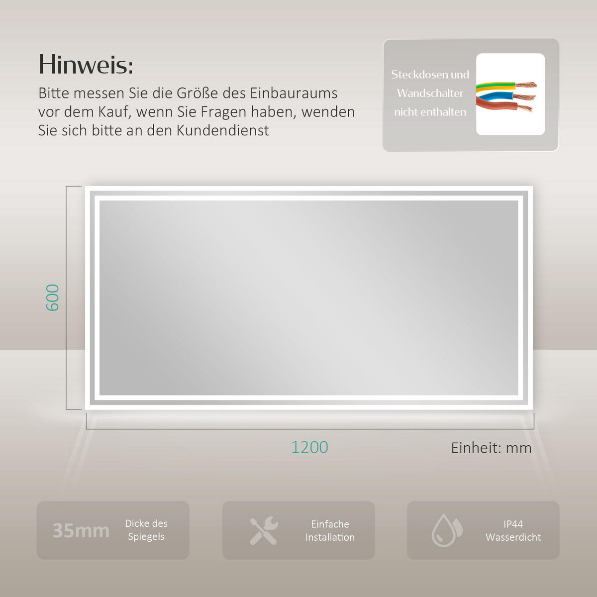 BADSPIEGEL mit Antibeschlag Beleuchtung 120/60/3,5 cm - Weiß, Glas (60/3.5/120cm) - EMKE