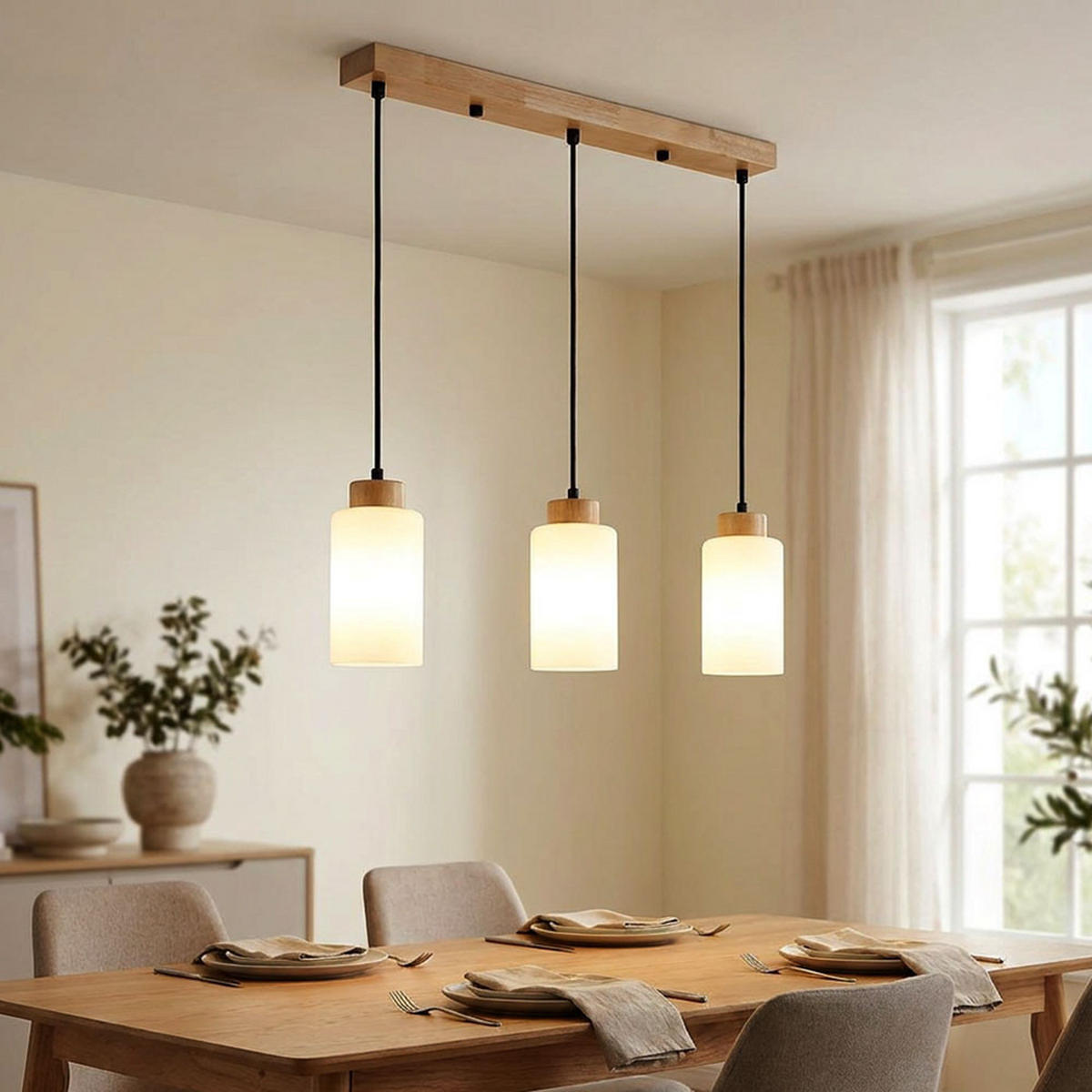 PENDELLEUCHTE ROWENA, Holz braun, Glas opal matt, 3-flammig - Braun, Holz (60/10/120cm) - Globo Lighting