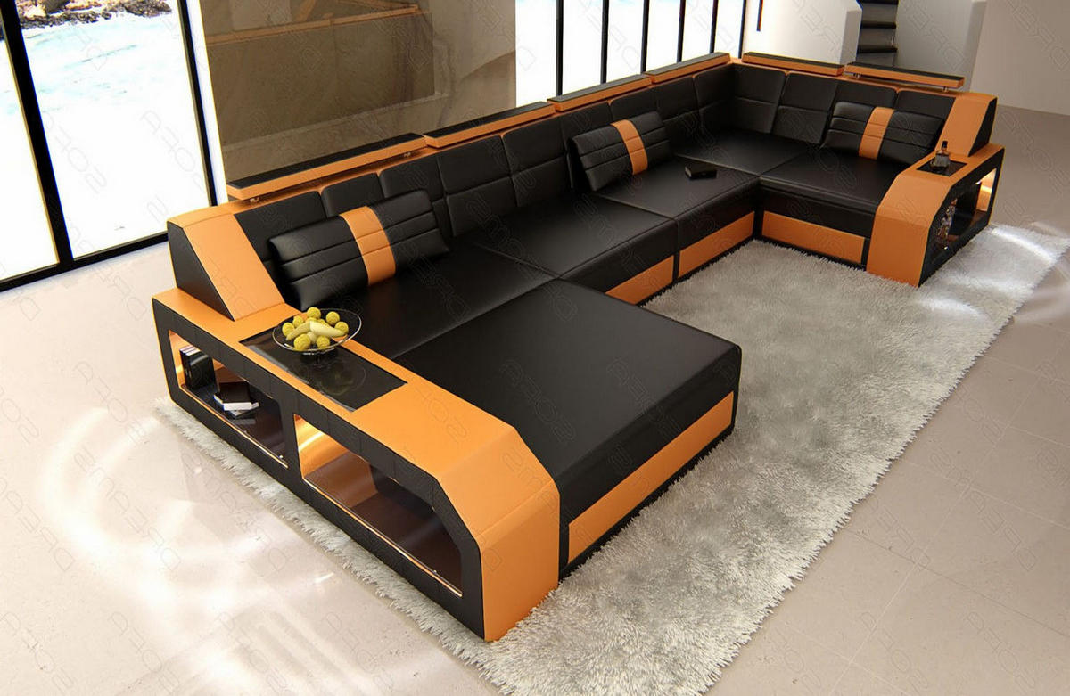 WOHNLANDSCHAFT Arezzo U - Schwarz/Orange, Leder (380/86/197cm) - Sofa Dreams