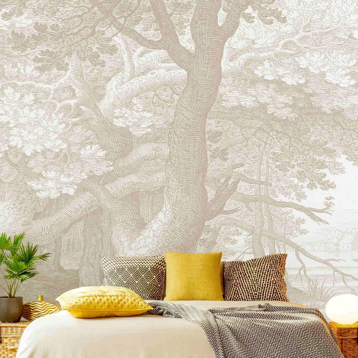 FOTOTAPETE Im Wald Kupferstich in Beige 288/288 cm - Eichefarben, Papier (288/288cm) - Bilderwelten