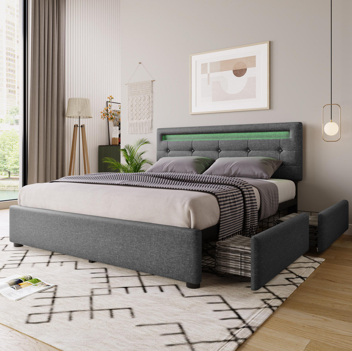 TAPECIRANI krevet 140/200 cm s LED osvjetljenjem, 4 ladice i podesivim uzglavljem, Siva - siva, tekstil (140/200cm) - Redom