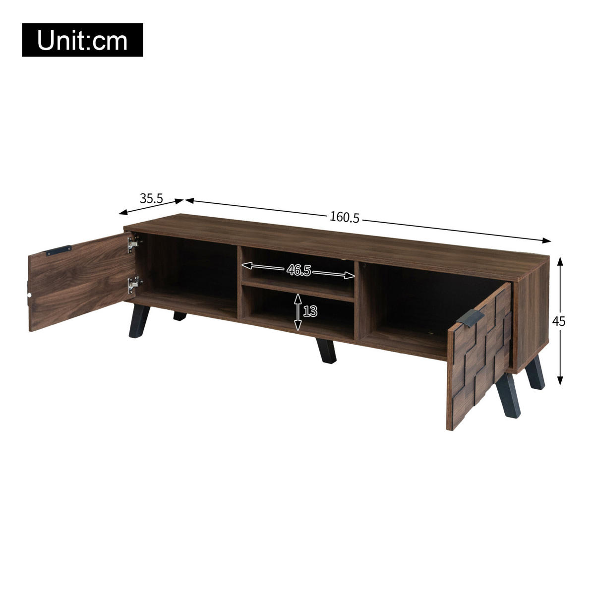 TV-SCHRANK aus Spanplatte 160,5x35,5x45 cm Holzfarbe mit 2 Türen, 2 offenen Fächern und Dämpfungsscharnieren - Braun, Holzwerkstoff (160.5/45/35.5cm) - Modfu