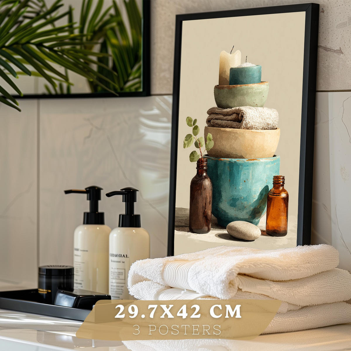 PLAKÁT Sada 3 dekorativních koupelnových tisků, přírodní lázeňský styl Černý rám A3 - černá, papír (42/29.7/3cm) - Nacnic