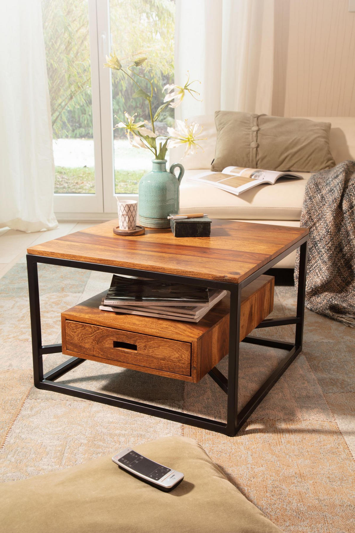 SOFATISCH Sheesham Massivholz und Metall, Quadratisch mit Schublade, Maße 60x60x40 cm - Schwarz/Braun, Holz/Metall (60/60/40cm) - KADIMA DESIGN