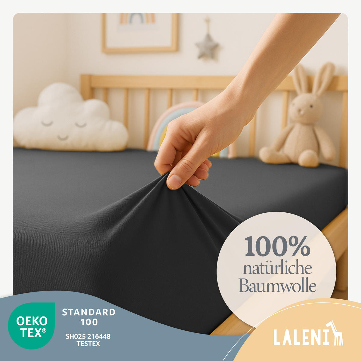 SPANNBETTLAKEN für Beistellbett & Stubenwagen – 100% Baumwolle, Atmungsaktiv & Weich, 50x89x10 cm, Anthrazit - Anthrazit, Textil (50/89cm) - Laleni