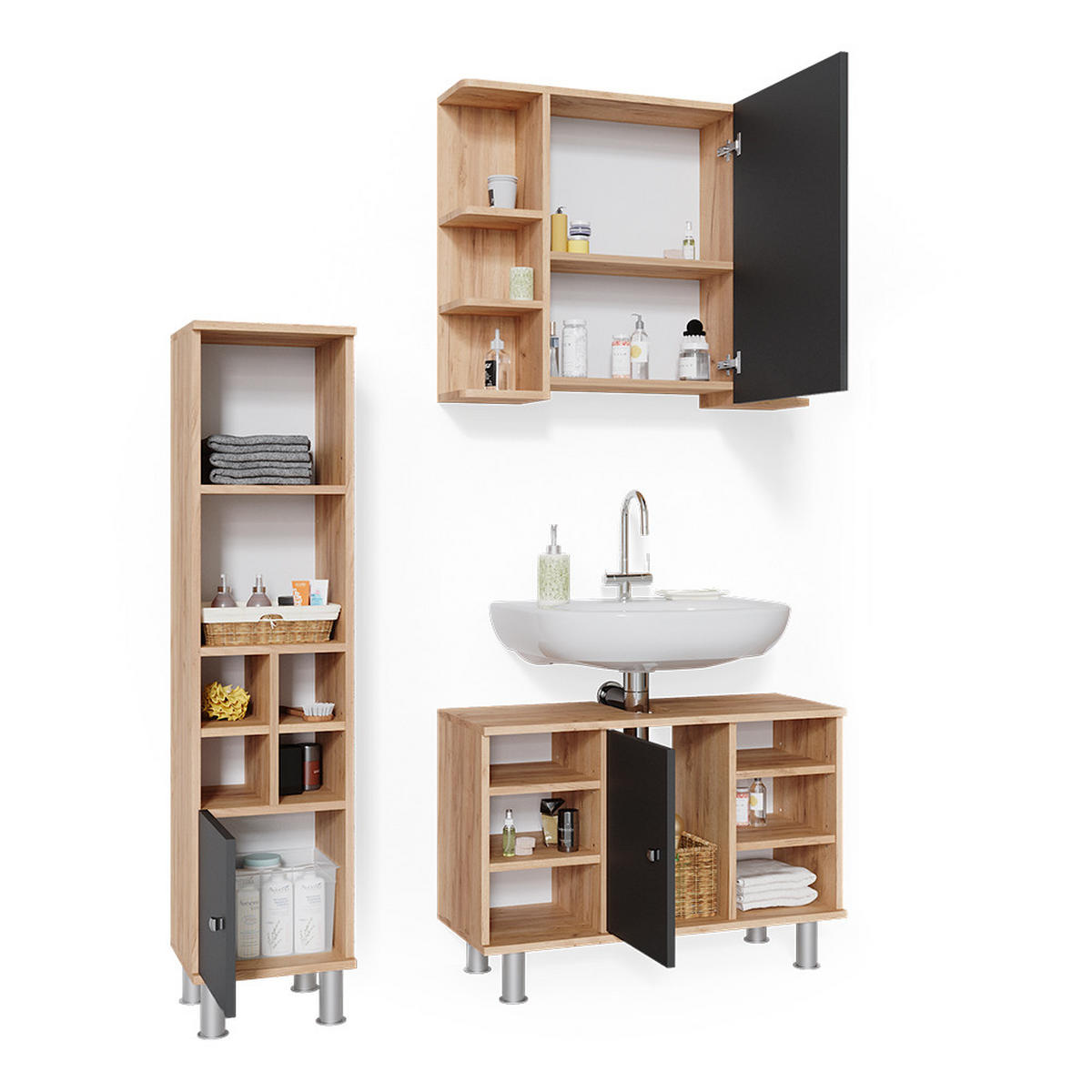 BADMÖBEL-SET Fynn Goldkraft Eiche 3 Teile, mit Midischrank Tür klein - Anthrazit/Eiche Wotan, Holzwerkstoff (60/54/32cm) - Vicco