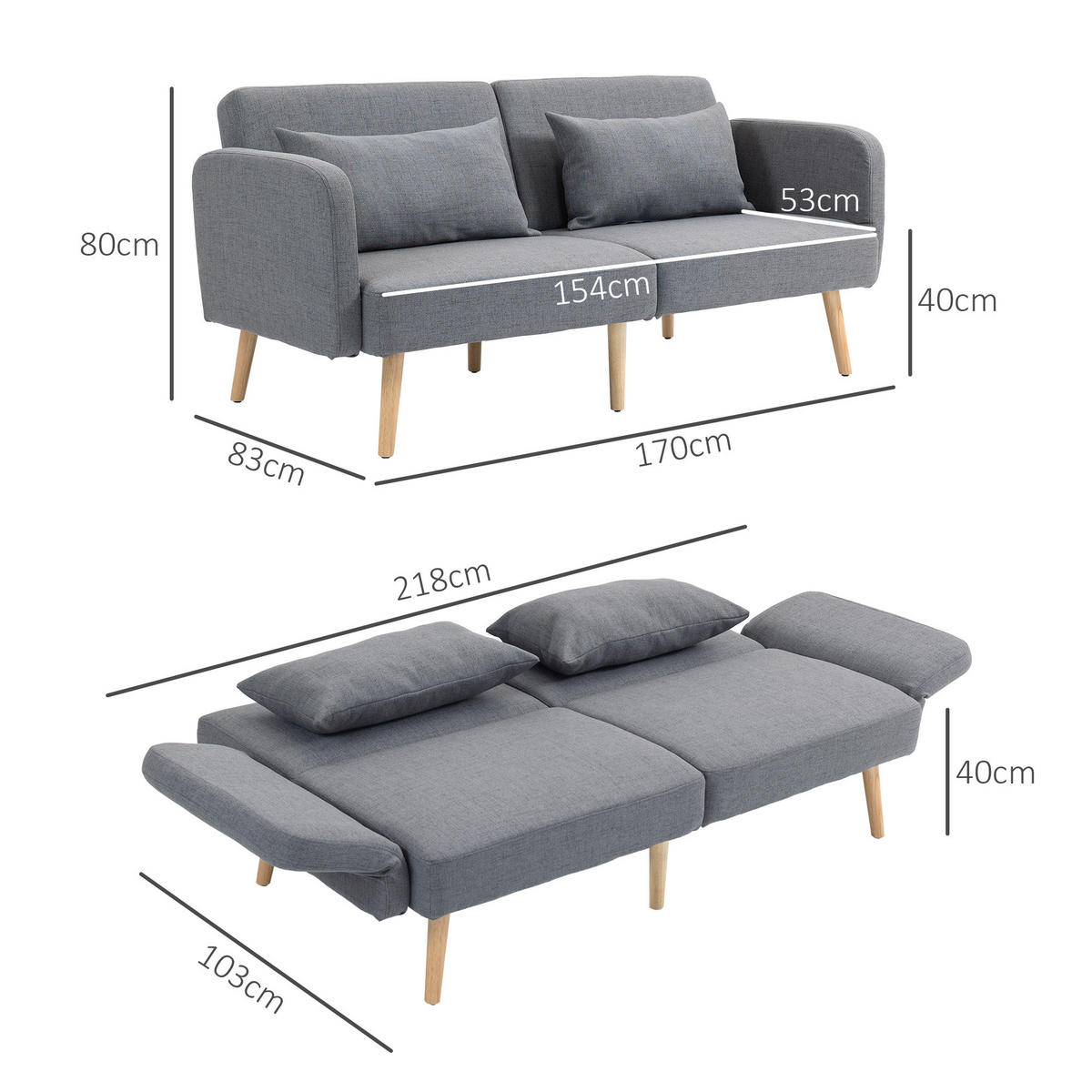 3-SITZER Schlafsofa, 2-Sitzer Klappbett mit Bettfunktion, 2 Wurfkissen Grau - Naturfarben/Grau, Holz/Textil (83/80/170cm) - HOMCOM