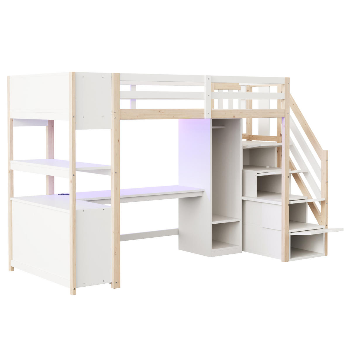 HOCHBETT 90/200 cm aus Massivholz und MDF mit Schreibtisch, Kleiderschrank und LED Weiß/Natur - Naturfarben, Holz (90/200cm) - Modenvie