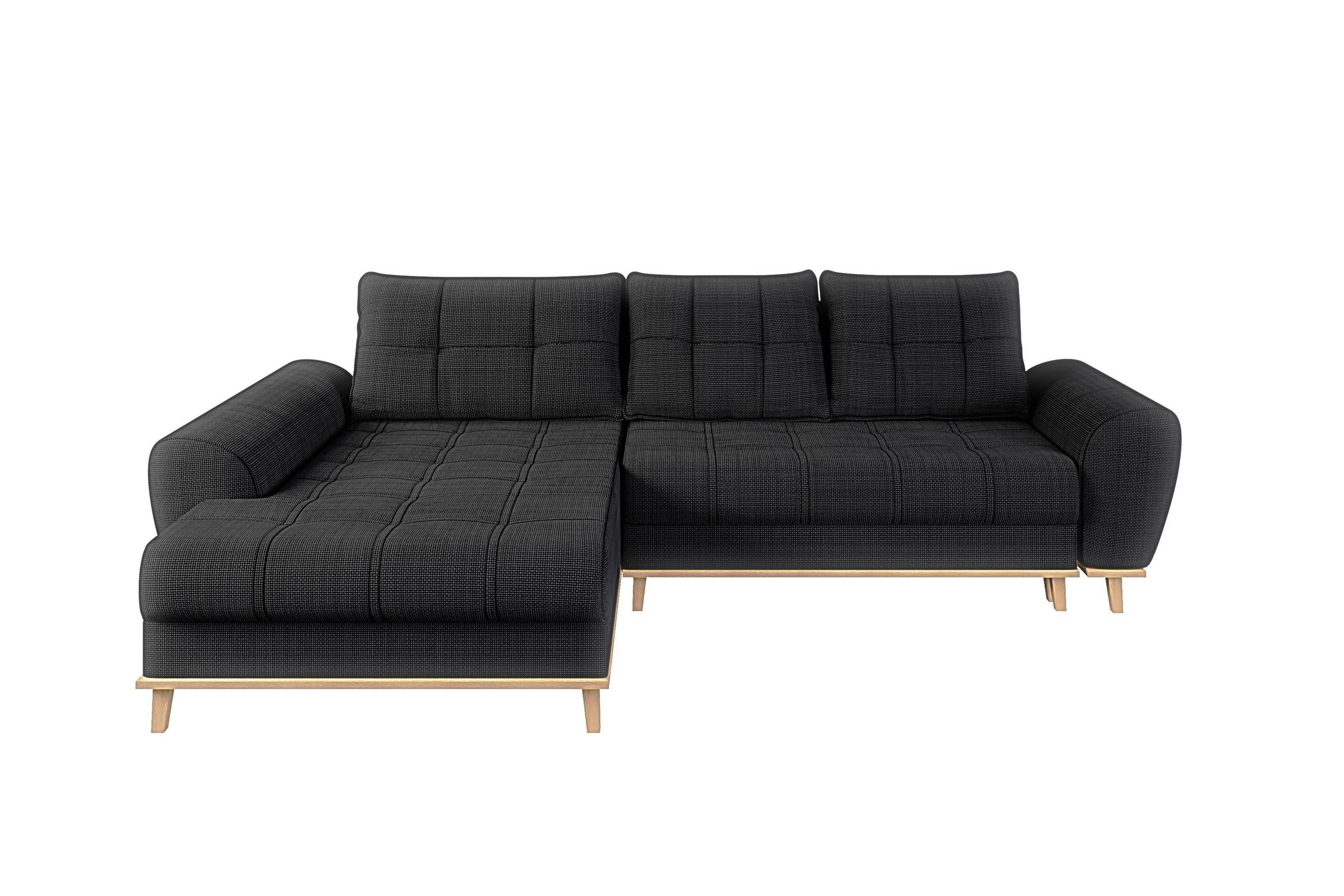 ECKSOFA im Scandi-Stil, Schlaffunktion, Bettkasten B268/T175/H86 cm, Ottomane links, Liegefl. 128x209 cm, Bouclé Chenille Stoff in Anthrazit / 21012 - Eichefarben/Anthrazit, Holz/Textil (268/175cm) - luma-home