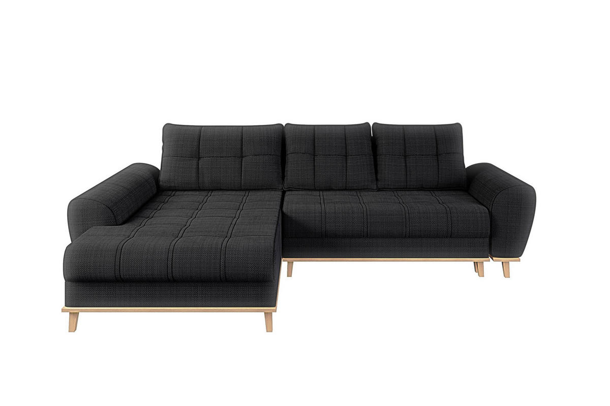 ECKSOFA im Scandi-Stil, Schlaffunktion, Bettkasten B268/T175/H86 cm, Ottomane links, Liegefl. 128x209 cm, Bouclé Chenille Stoff in Anthrazit / 21012 - Eichefarben/Anthrazit, Holz/Textil (268/175cm) - luma-home