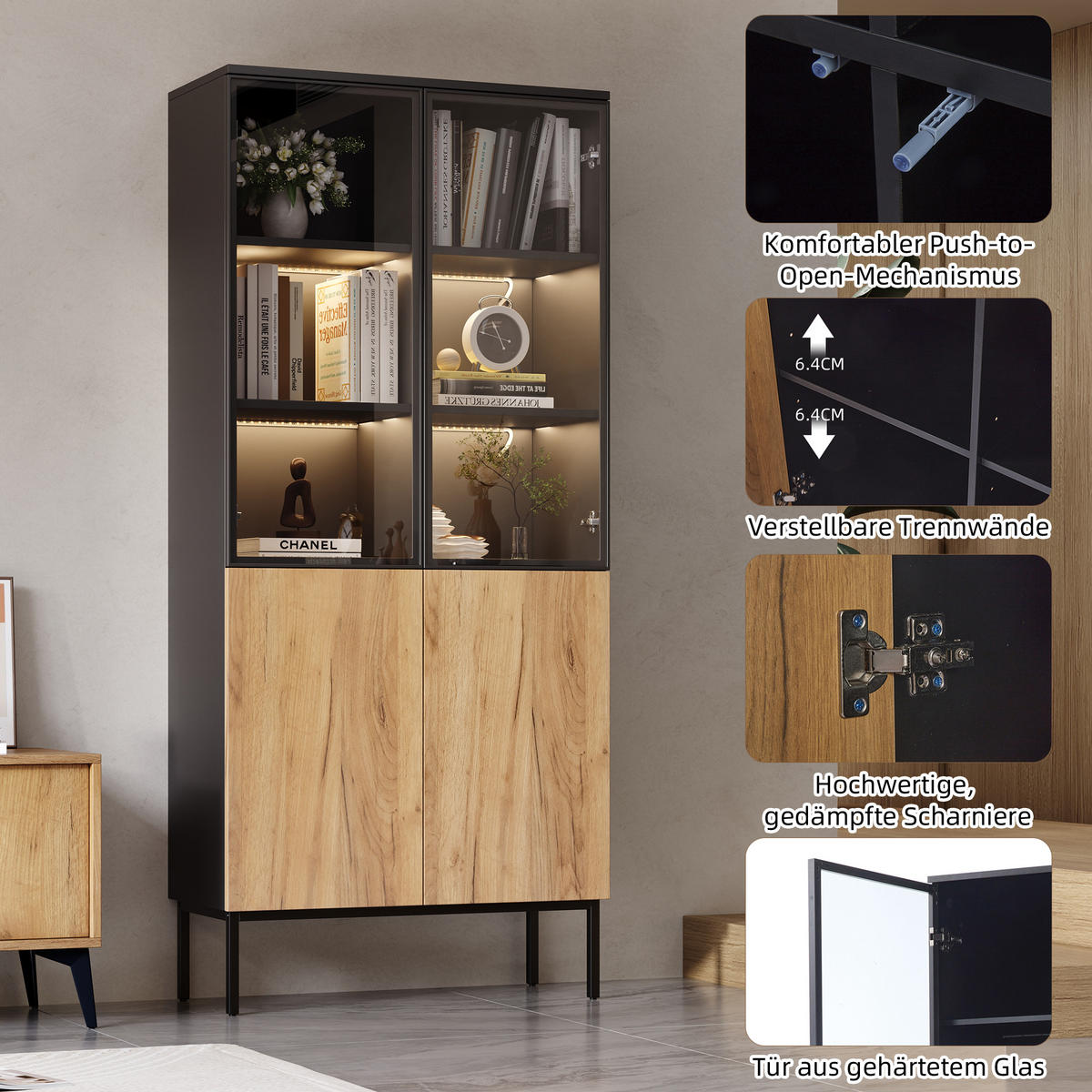 VITRINE mit Glastüren Schwarz und Eiche - Schwarz/Braun, Holzwerkstoff (31/180/74cm) - Urban Meuble