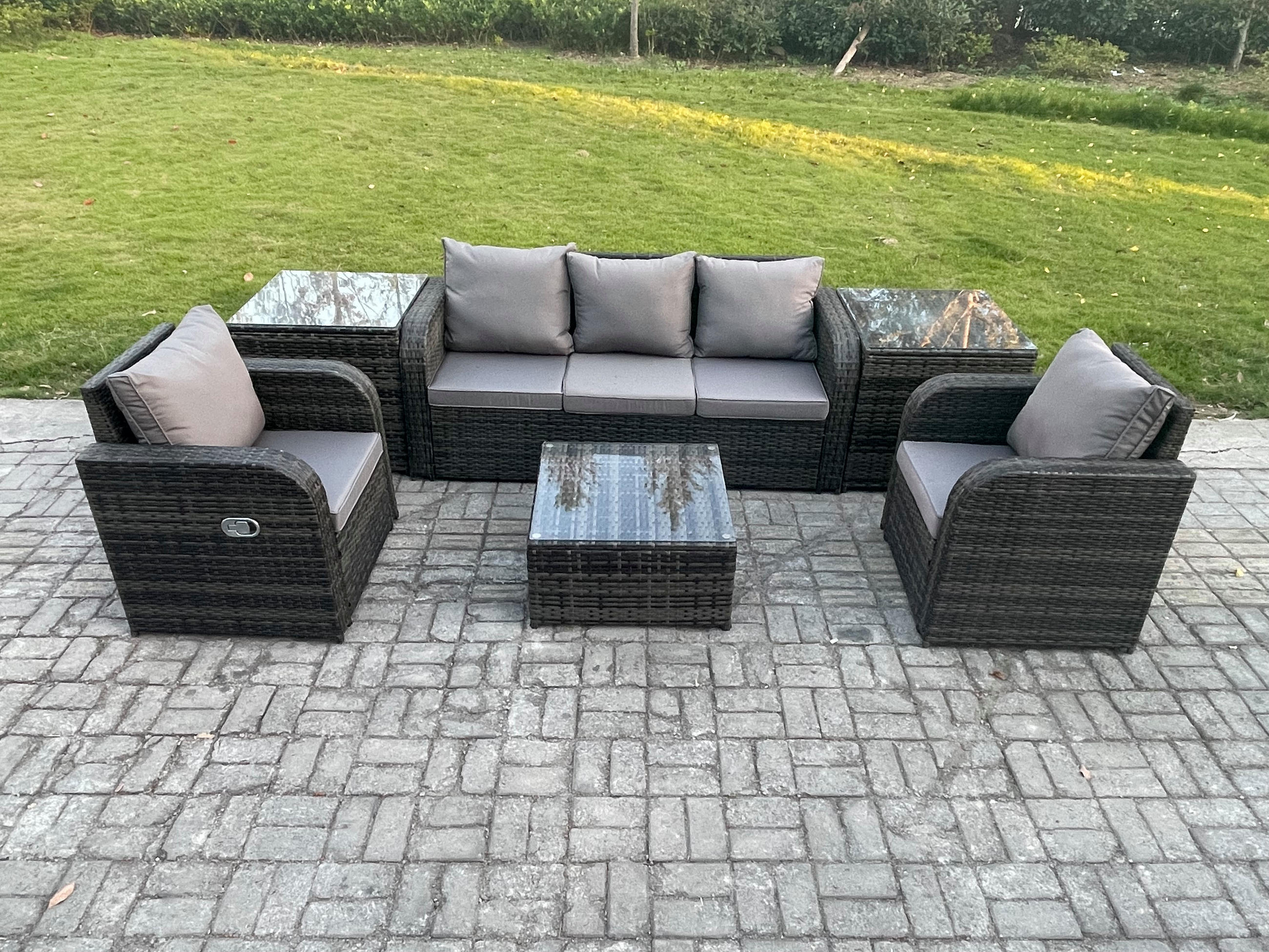 GARTENMÖBELGARNITUR mit KISSEN Polyrattan Dunkelgrau 5-Sitzer - Dunkelgrau/Grau, Glas/Kunststoff - Fimous