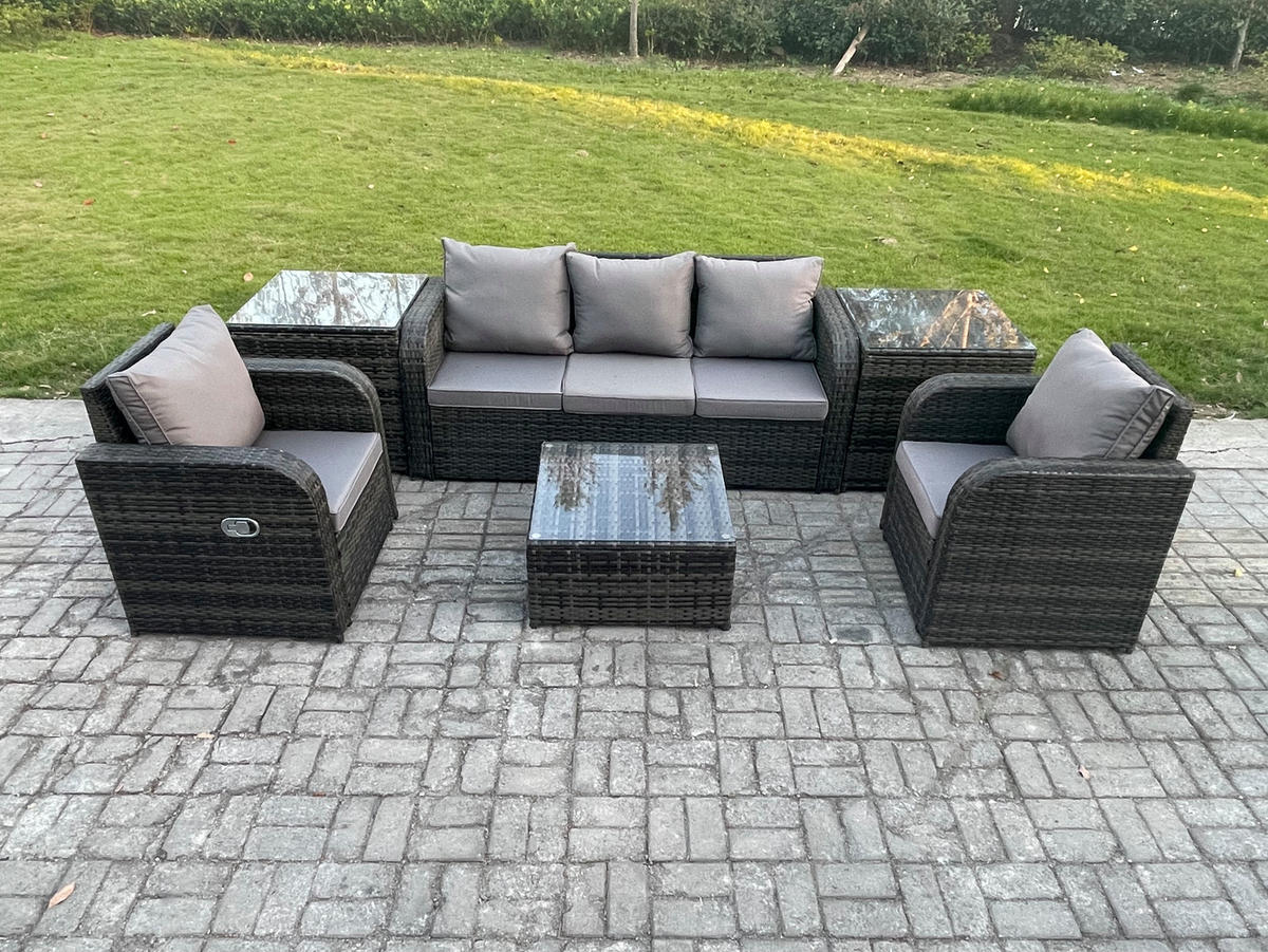 GARTENMÖBELGARNITUR mit KISSEN Polyrattan Dunkelgrau 5-Sitzer - Dunkelgrau/Grau, Glas/Kunststoff - Fimous