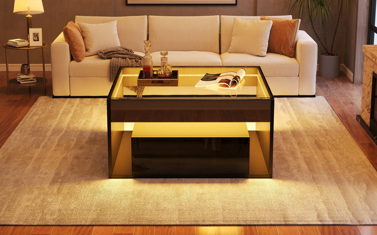 COUCHTISCH 70/70 cm mit 2 Schubladen, LED-Beleuchtung und Glasplatte - Schwarz, Holzwerkstoff (70/70/35cm) - BEAOK