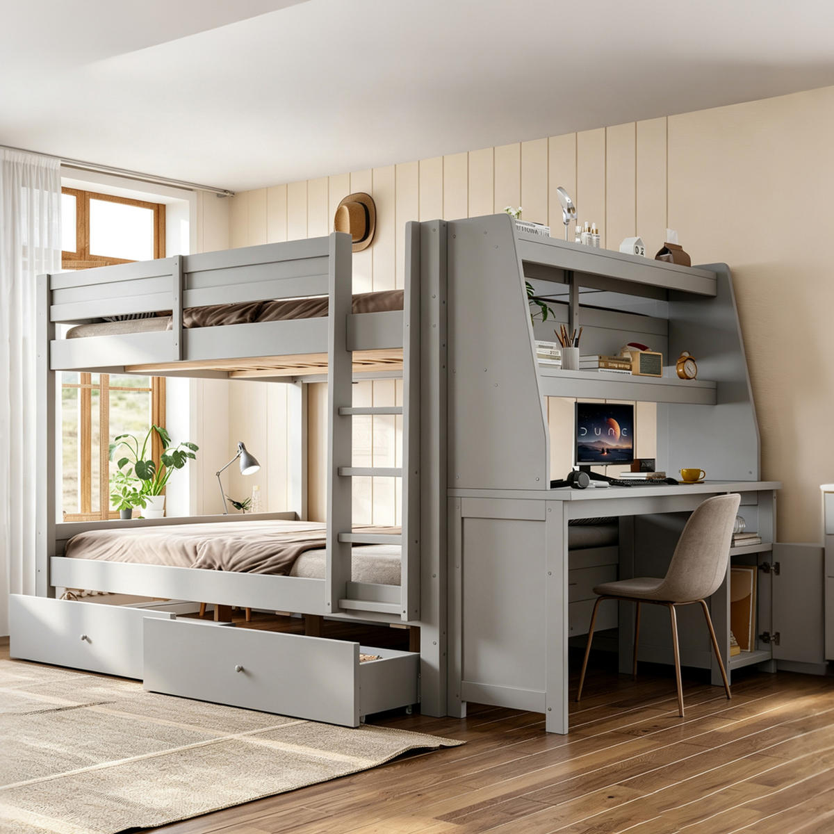 ETAGENBETT 140 x 200 cm mit Schrank und Schreibtisch, Grau - Grau, Holz (140/200cm) - FLIEKS