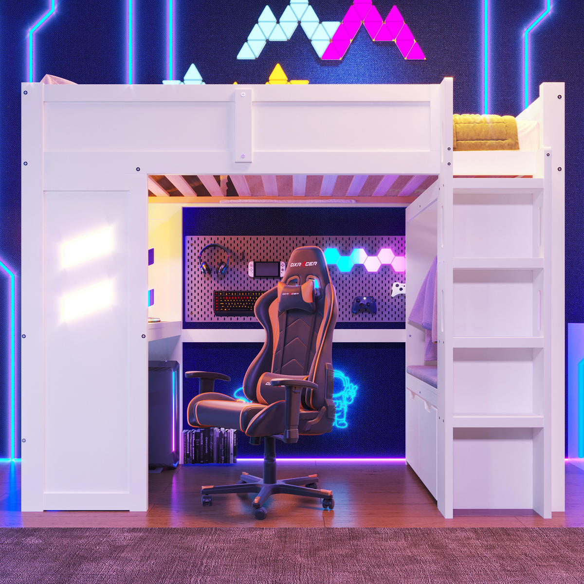 HOCHBETT 90x200cm Weiß Gaming Schreibtisch LED-Licht USB-C - Weiß, Holz (90/200cm) - FLIEKS