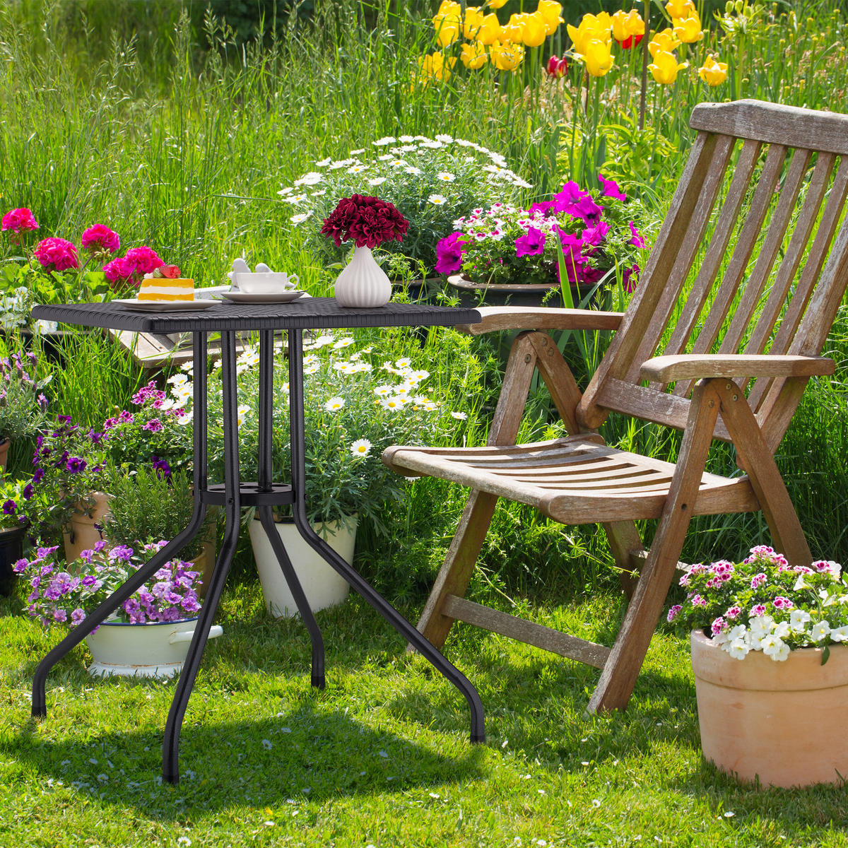 GARTENTISCH - Schwarz, Kunststoff/Metall (61/61/75cm) - Relaxdays