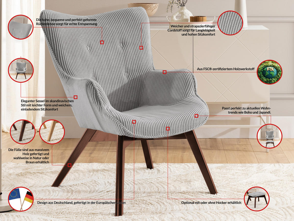 LOUNGESESSEL Lenari Hellgrau Cordstoff mit Füßen in Braun - Hellgrau/Braun, Holz/Textil (71/96/86cm) - S-Style Möbel