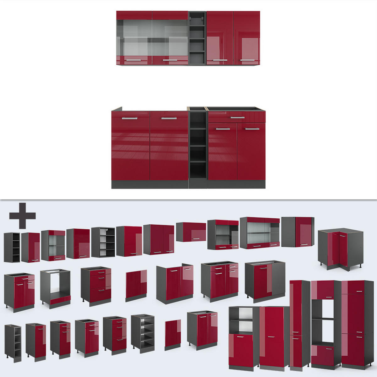 SINGLEKÜCHE R-Line Rot Hochglanz/Anthrazit 160 cm , AP Eiche - Anthrazit/Rot, Holzwerkstoff (160/81.6/60cm) - Vicco