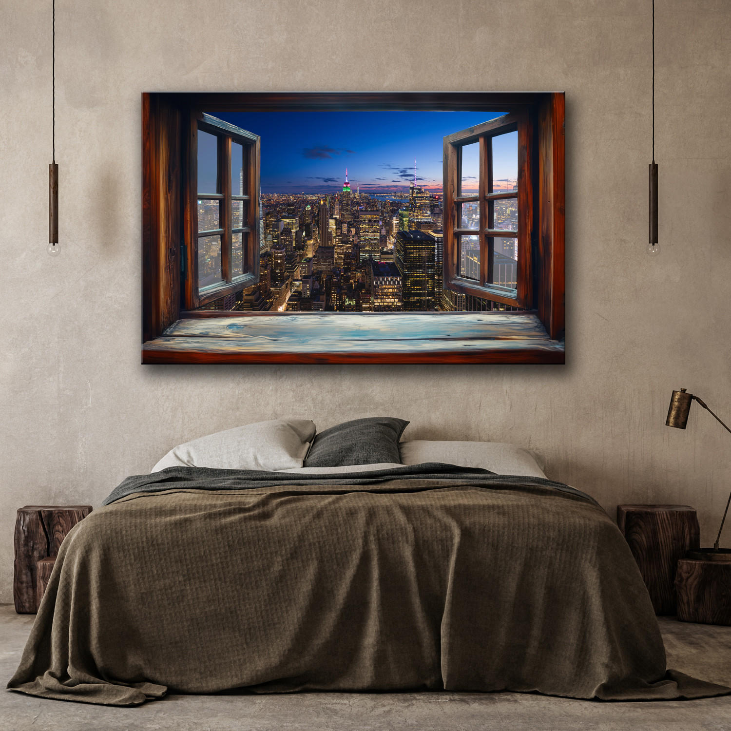 WANDBILD blick aus einem fenster stadtnacht architektur - Braun, Textil (60/40cm) - Feeby