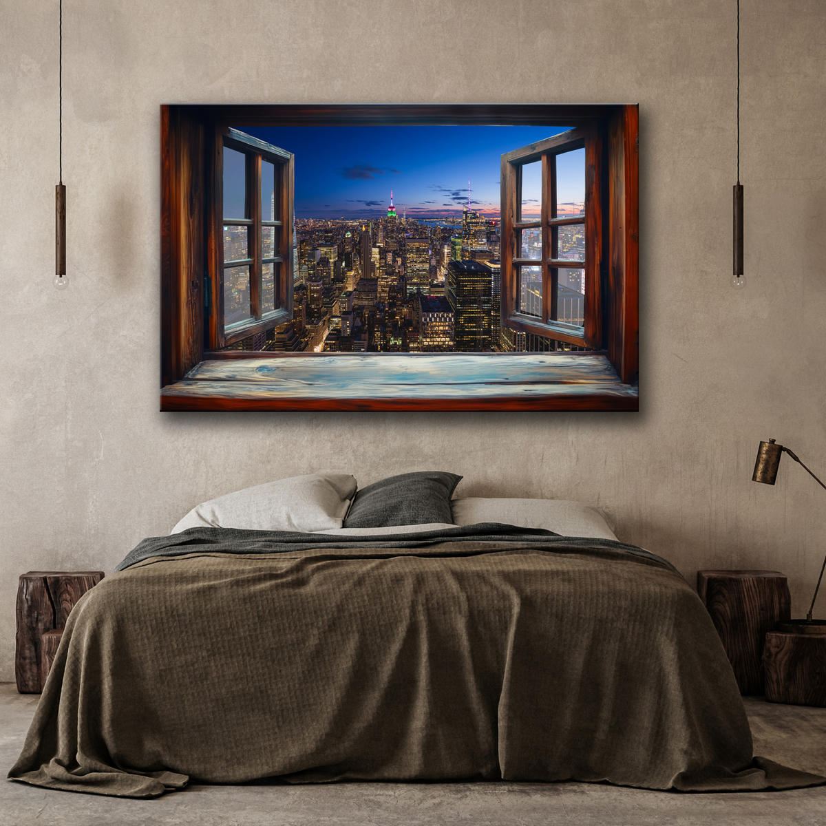 WANDBILD blick aus einem fenster stadtnacht architektur - Braun, Textil (60/40cm) - Feeby