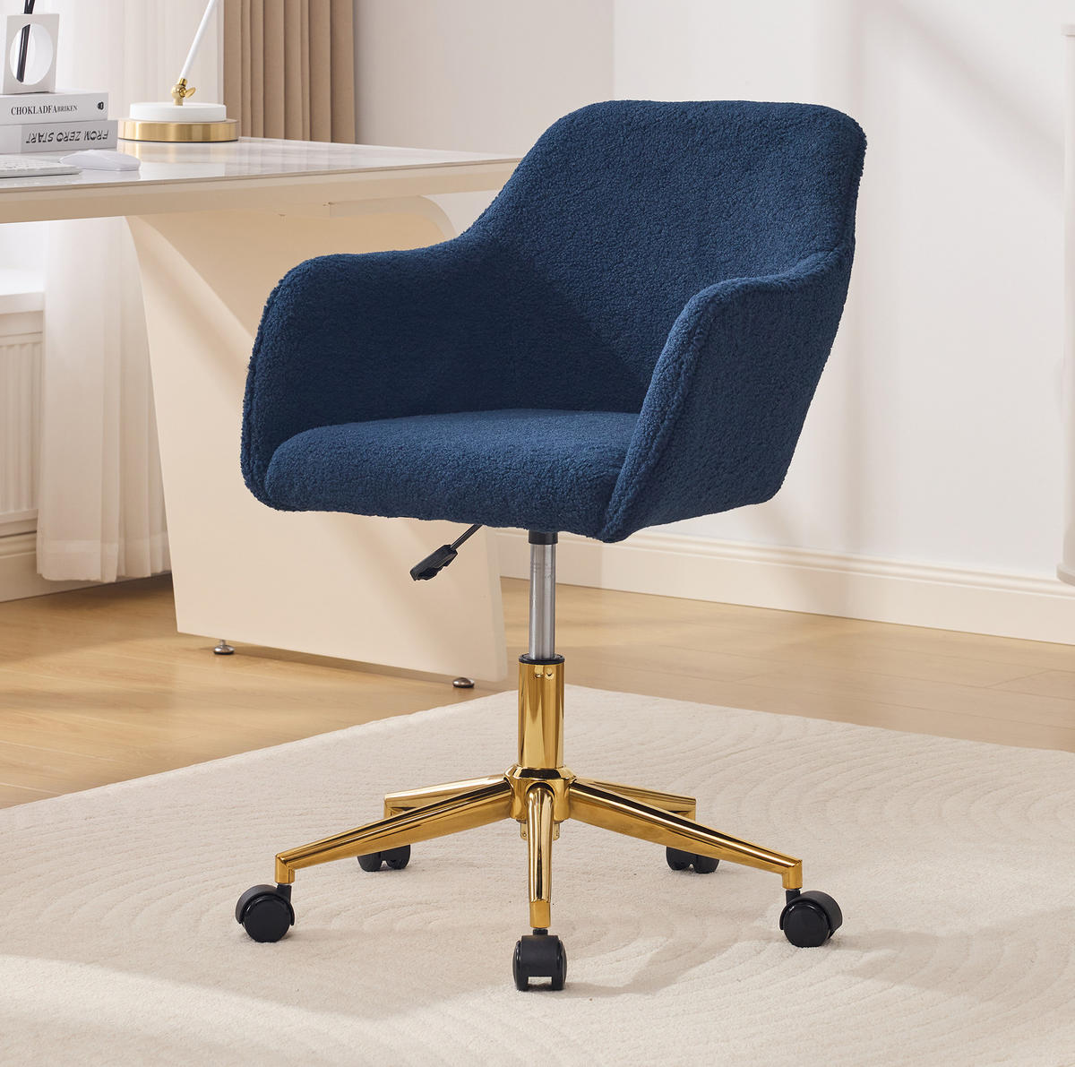 DREHSTUHL 58/58/86 cm Dunkelblau aus Lammfell-Optik höhenverstellbar - Dunkelblau, Textil (58/86/58cm) - OKWISH