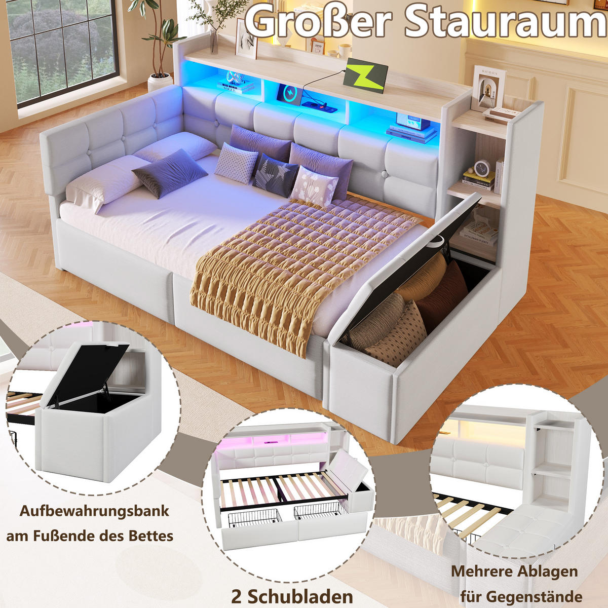 TAGEBETT 90x190cm Weiß Samt 2 Schubladen USB LED-Licht - Weiß, Holz (90/190cm) - FLIEKS