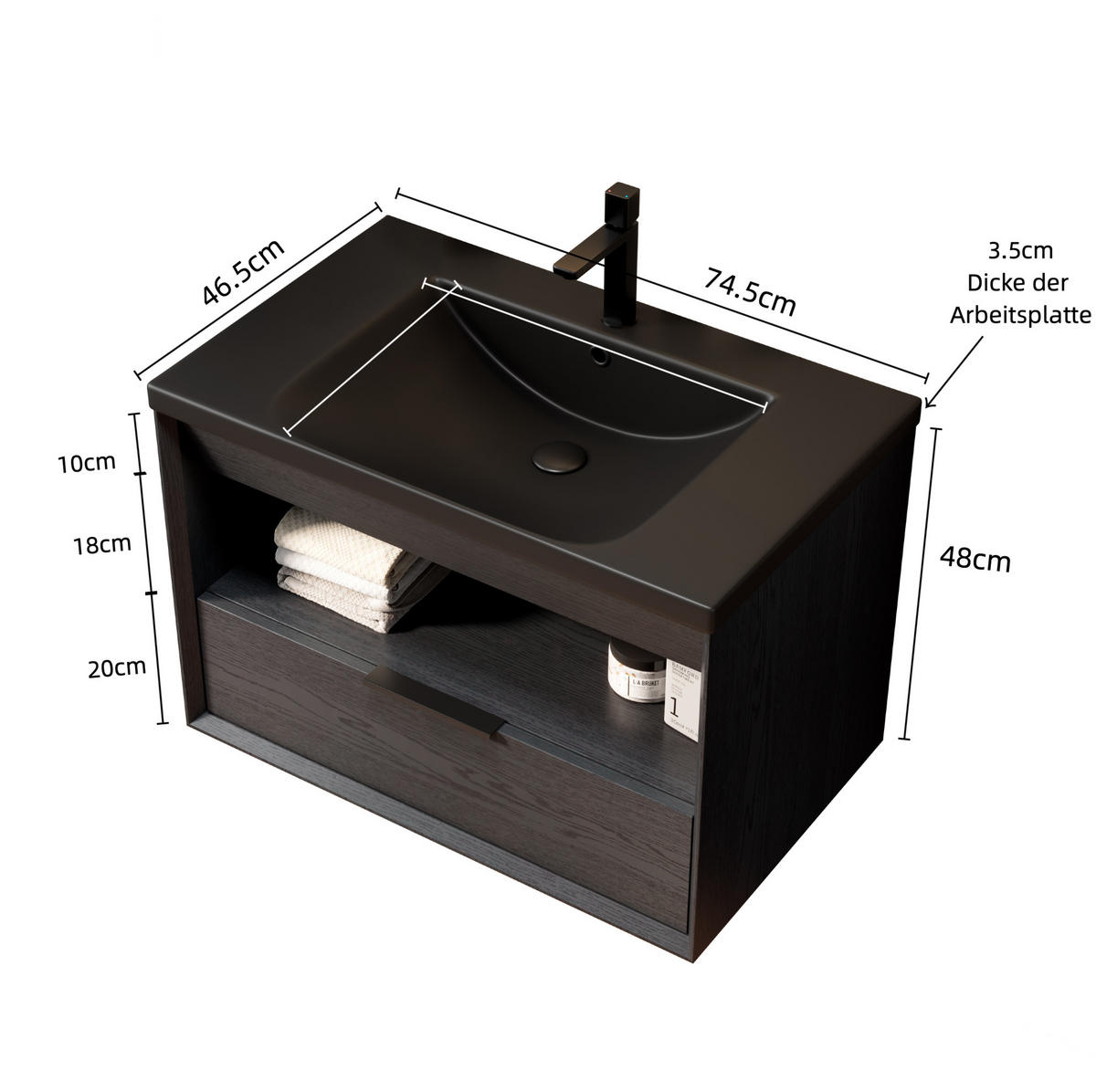 WASCHTISCHKOMBI 75 cm mit Unterbauwaschbecken und Schublade in Schwarz/Eiche - Schwarz, Keramik (74.5/51.5/46.5cm) - BEAOK
