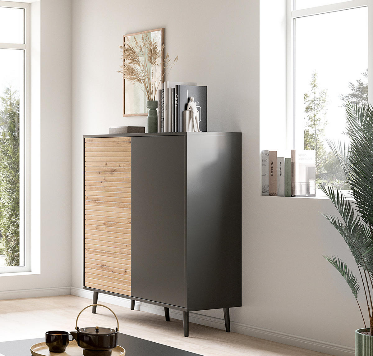 KOMMODE - Schwarz / Eiche Artisan Dekor - Eichefarben/Schwarz, Holzwerkstoff (104/112/42cm) - home24
