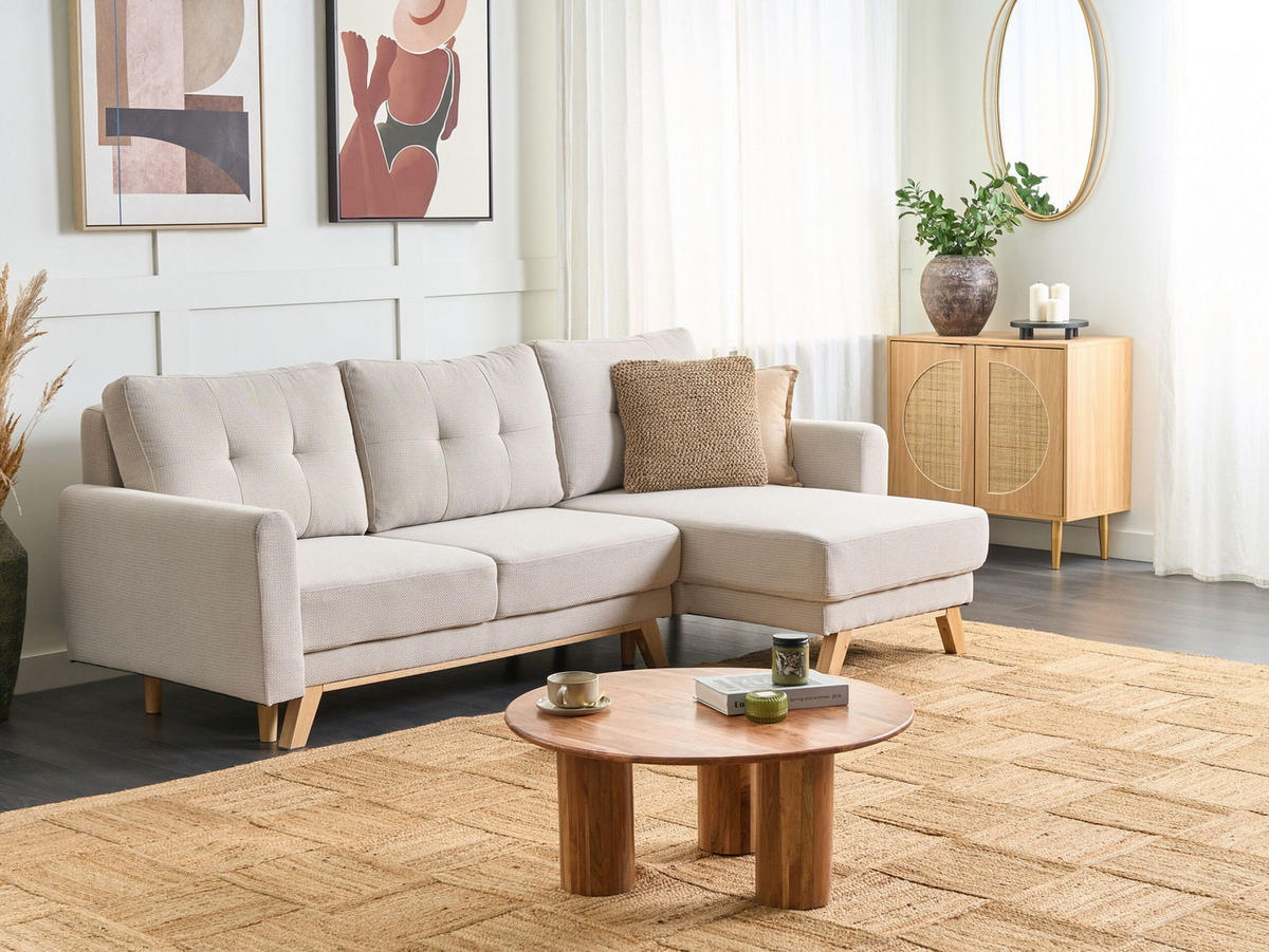 3-SITZER-ECKSOFA hellbeige rechtsseitig mit Schlaffunktion Stauraum Siro - Hellbraun/Beige, Textil (240/142cm) - Beliani