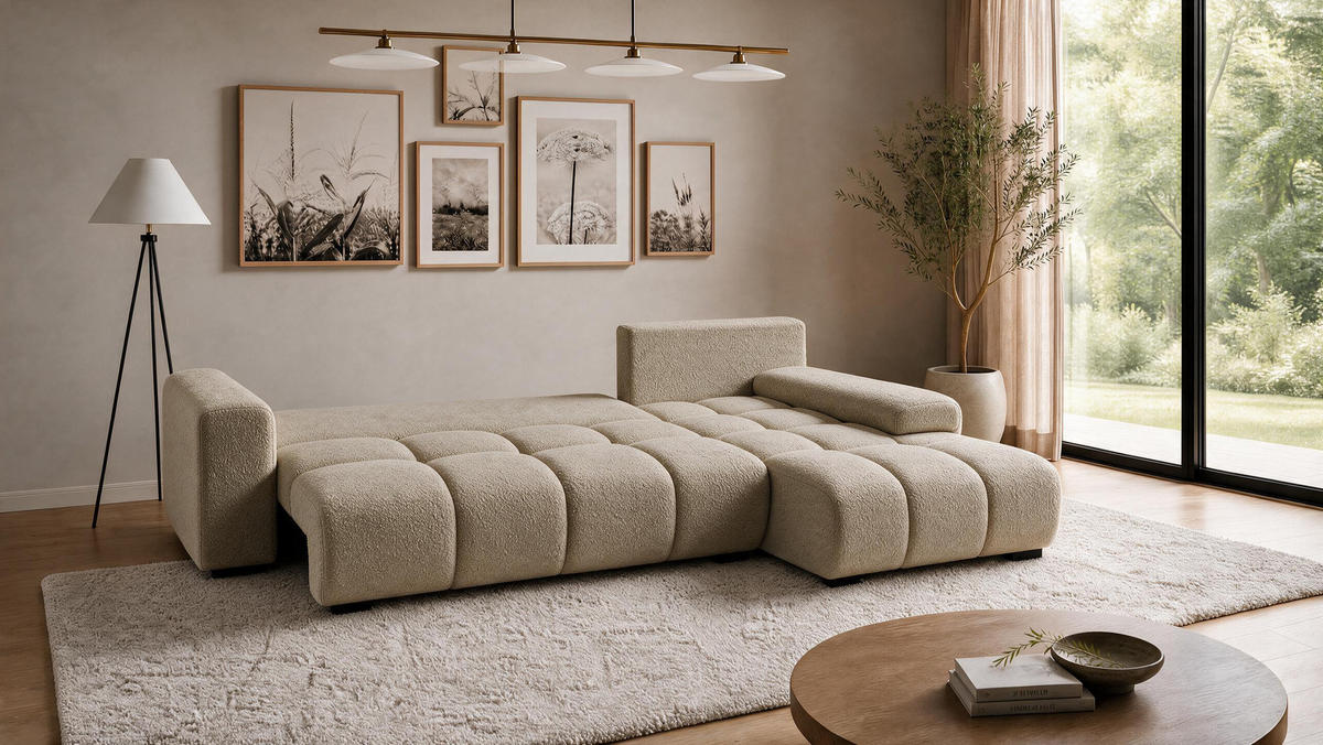ECKSOFA Ovia mit Bettkasten und Schlaffunktion, Bouclé-Stoff in L-Form - Cappuccino, Textil (270/185cm)