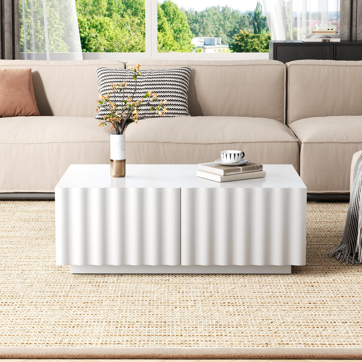 COUCHTISCH mit 3D Wellenfront, 2 Schubladen, Stauraum, modern, Weiß, MDF/PB - Weiß, Holzwerkstoff (100/50/40cm) - EVRYAE