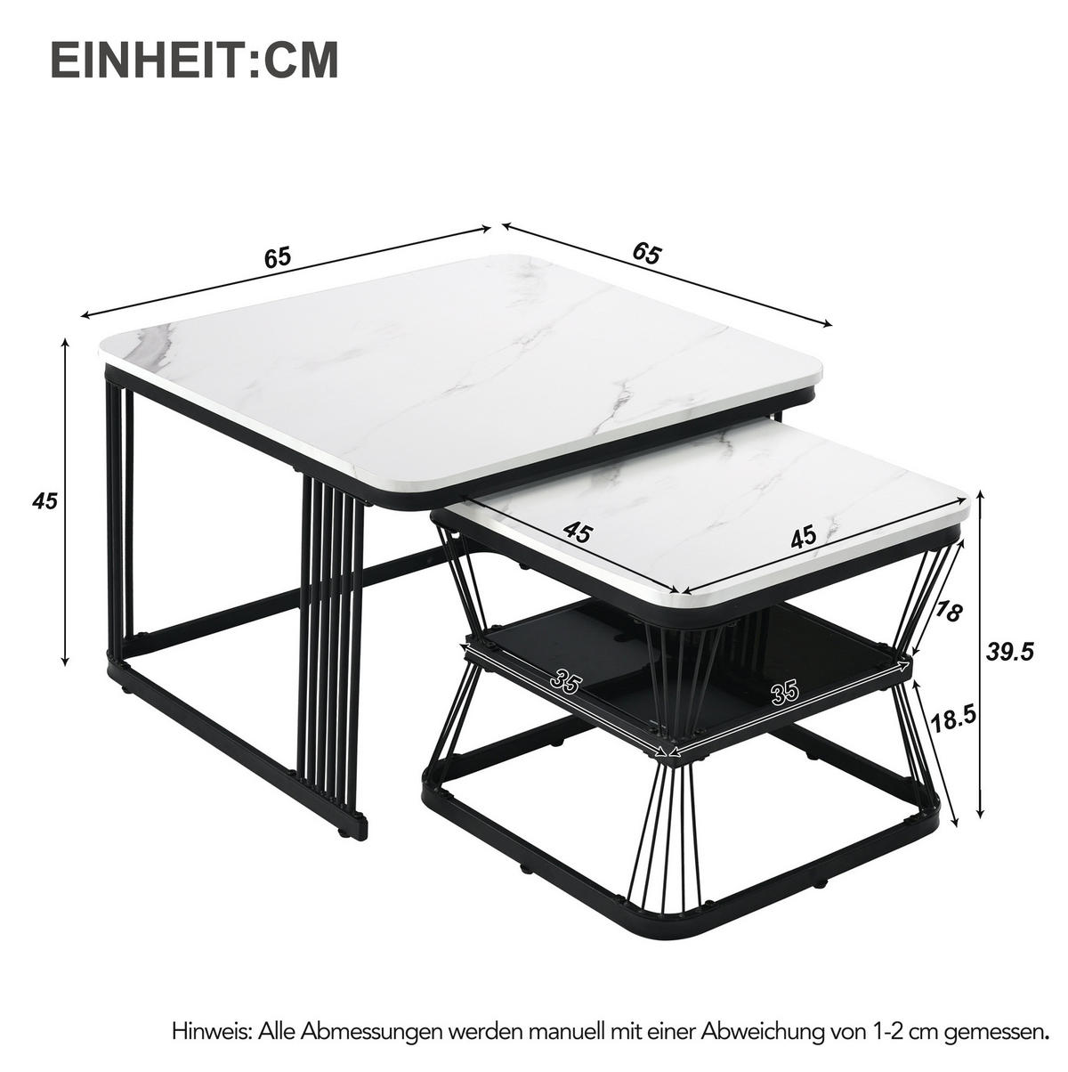 KOMPLET pomožnih mizic, 65/65/45 in 45/45/39,5 cm, MDF bela z marmornim videzom - bela, leseni material (65/65/45cm) - BEAOK