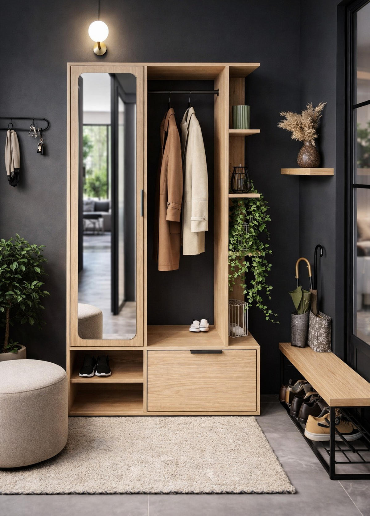 GARDEROBE Mela mit Spiegel, Sitzbank & Kleiderstange – 100/189/33 cm – Eiche Hellbraun - Eichefarben/Schwarz, Holzwerkstoff/Metall (100/189.4/33cm) - WFL GROUP