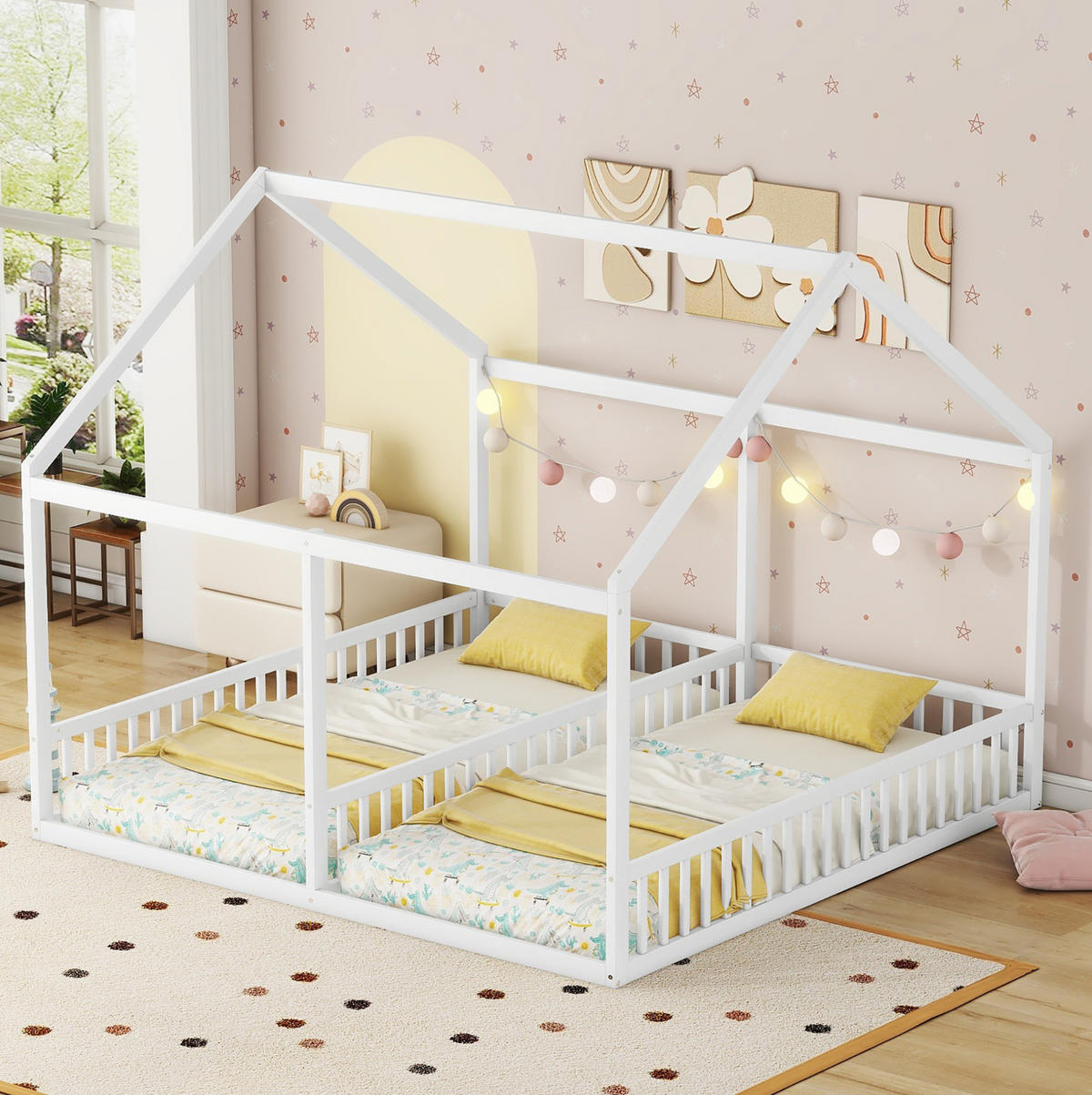 KINDERBETT 90/200 cm 2-in-1 mit Hausdach, Mittelgeländer und Lattenrost, Kiefern /MDF, Weiß - Weiß, Holzwerkstoff (90/200cm) - Redom
