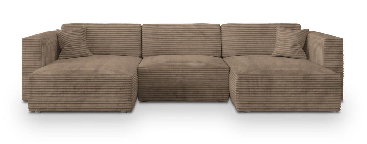 WOHNLANDSCHAFT SARMO Beige Kordstoff mit Schlaffunktion - Beige, Holz (347/90/148cm) - MASSENO