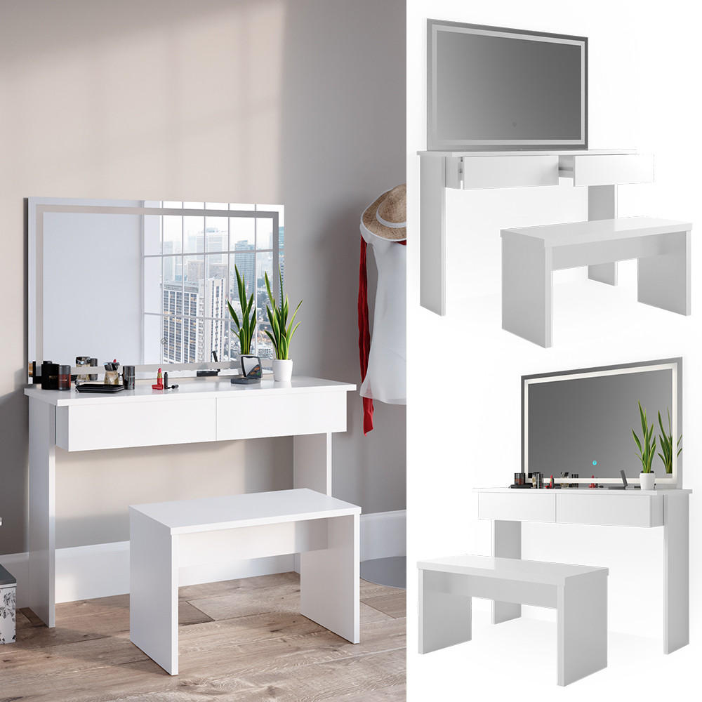 SCHMINKTISCH Azur Weiß 120 cm mit LED Spiegel und Bank - Weiß, Holzwerkstoff (120/83/40cm) - Vicco