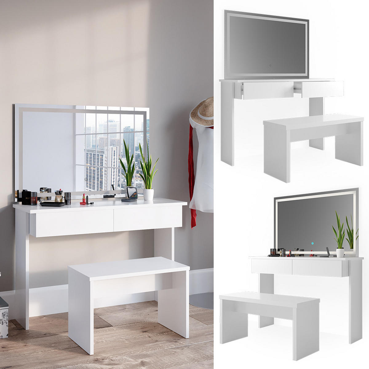 SCHMINKTISCH Azur Weiß 120 cm mit LED Spiegel und Bank - Weiß, Holzwerkstoff (120/83/40cm) - Vicco