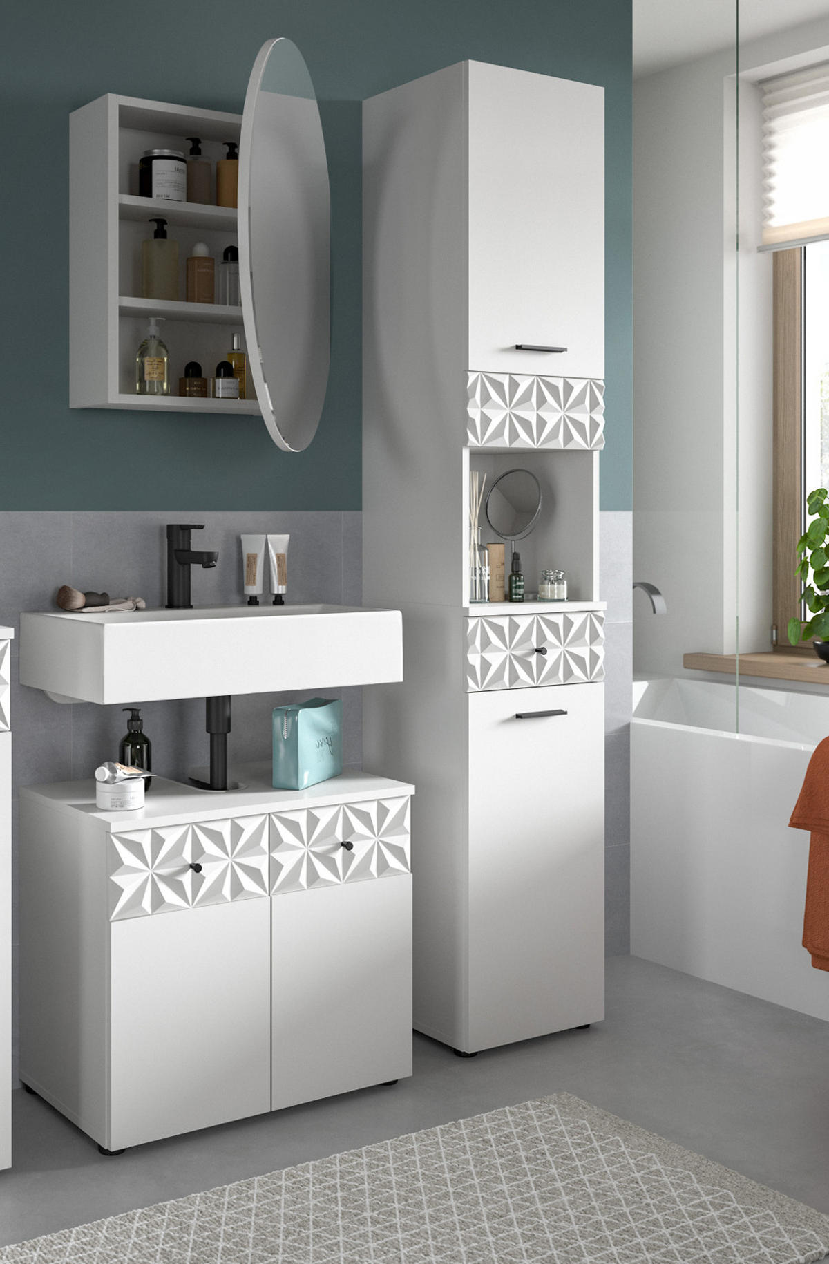 BADMÖBEL-SET weiß Hochglanz 3-teilig 120 cm, Komplettset mit 3D-Struktur - Weiß Hochglanz, Glas/Holzwerkstoff (195/187/37cm) - Inn.Furn