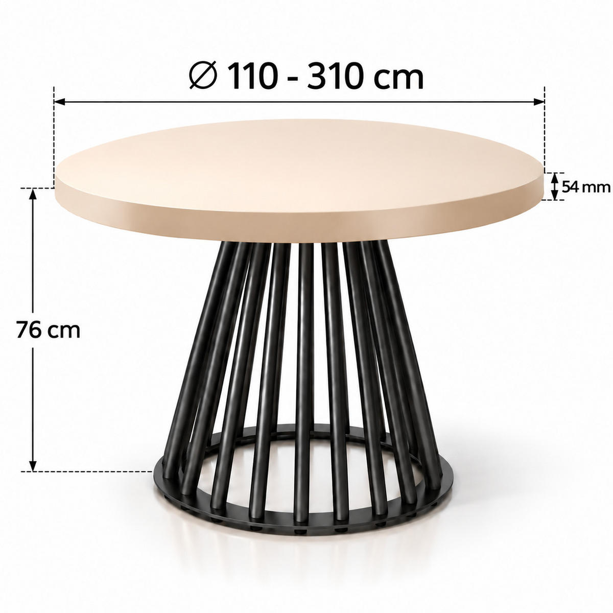 ESSTISCH rund ausziehbar 110/310/76 cm, Kaschmir, 54 cm Tischplatte + Lamellen-Metallgestell Schwarz - Kaschmir/Schwarz, Holzwerkstoff/Metall (110/310/76cm) - Damale Möbel