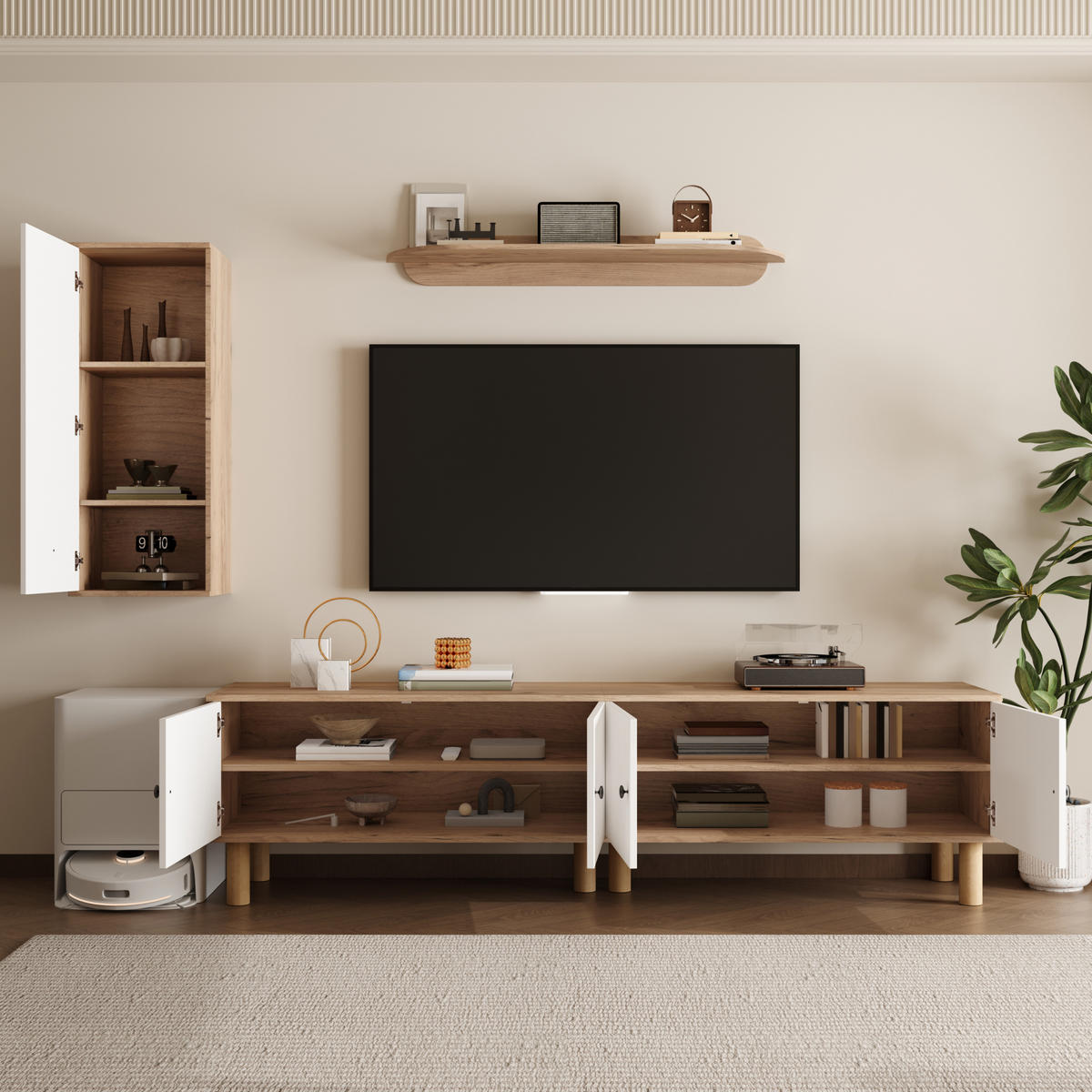 WOHNWAND in Weiß und Naturfarben mit Türen und Wandboard für Wohnzimmer, B170/T40/H50 cm - Weiß/Naturfarben, Holz/Holzwerkstoff (170/100/40cm) - STILVORA