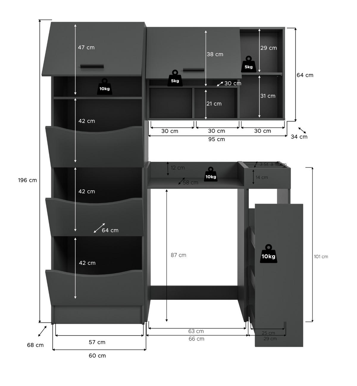 WASCHMASCHINENSCHRANK grau Set 4-teilig 155 x 196 cm, modernes Design - Schwarz/Grau, Holzwerkstoff/Kunststoff (155/196/68cm) - Inn.Furn