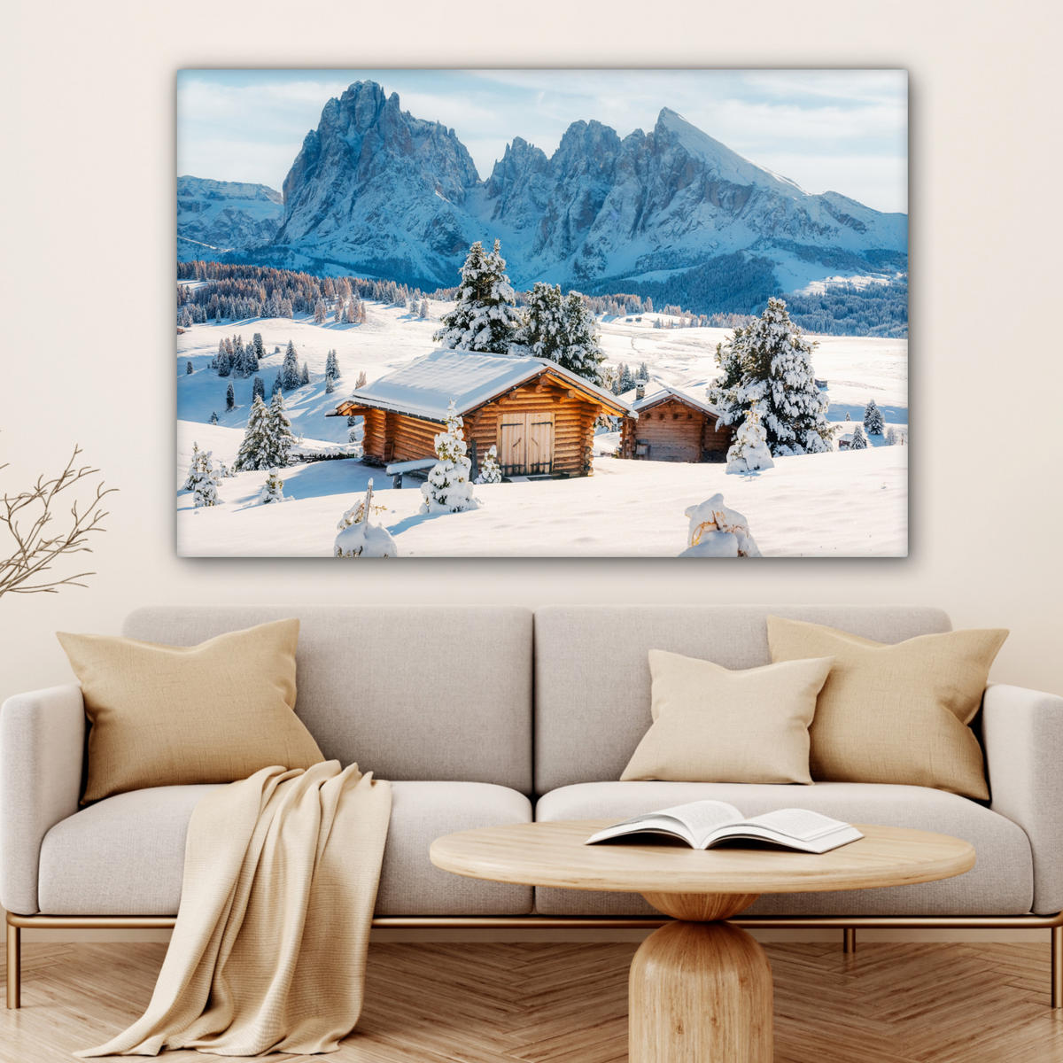 LEINWANDBILD Winter - Hütte - Berge - Aussicht - Schnee Groß 140x90 cm - Eichefarben, Textil (140/90cm) - MuchoWow