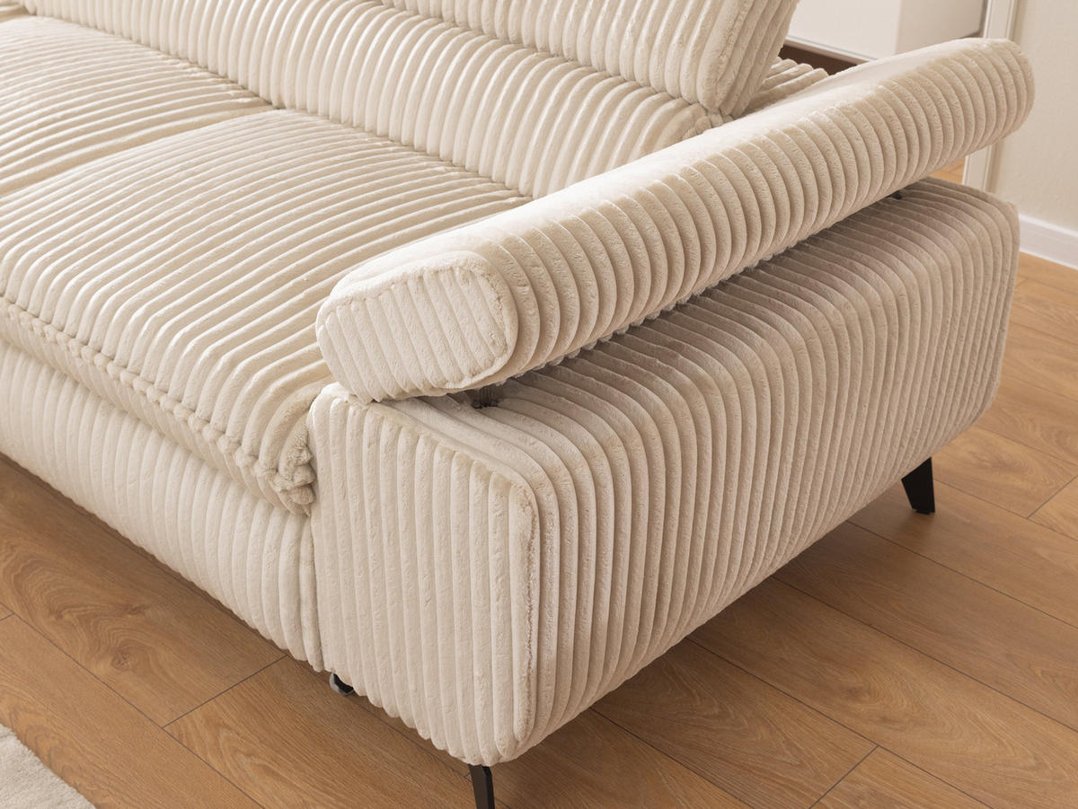 ECKSOFA mit Schlaffunktion und Bettkasten Bonnie aus Hellbeige Cord-Stoff mit verstellbaren Kopfstützen und Armlehne - Ottomane links - Beige/Schwarz, Holz/Textil (275/210cm) - S-Style Möbel