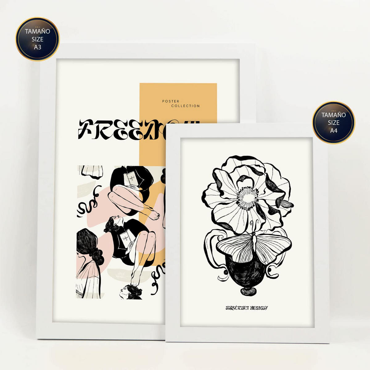 POSTER Set Mit 6 In Schwarzer Tinte Freiheit Kunstdrucke Im Skizzenstil Für Innenarchitektur A3 & A4 Weißer Rahmen - Weiß, Papier (29/3cm) - Nacnic